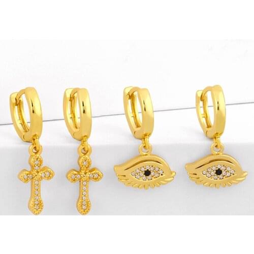 Gold Filled Small Evil Eye Earrings For Women Crystal Paved Cross Drop Earrings Cubic Zirconia Fashion Jewelry pendientes erst43