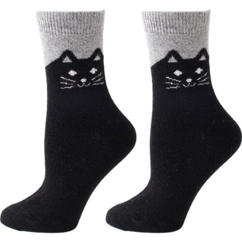 Women Winter Faux Wool Blend Crew Socks Cute Cartoon Cat Print Contrast Color Knit Thickened Thermal Warm Mid Tube Hosie