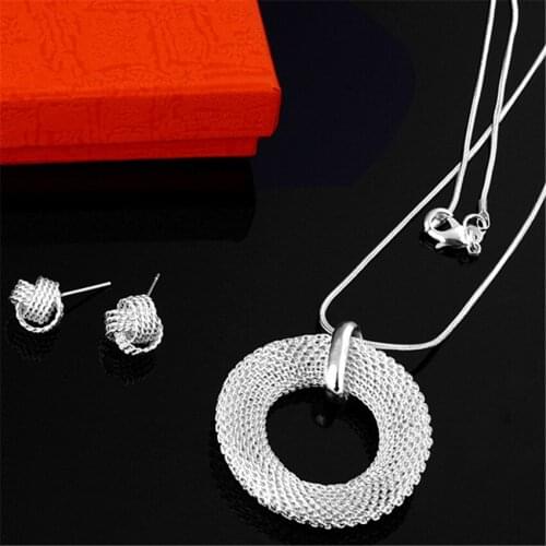 Hot Pretty 925 sterling Silver elegant round necklace earrings stud Jewelry sets for women Fashion Party wedding Christmas Gifts