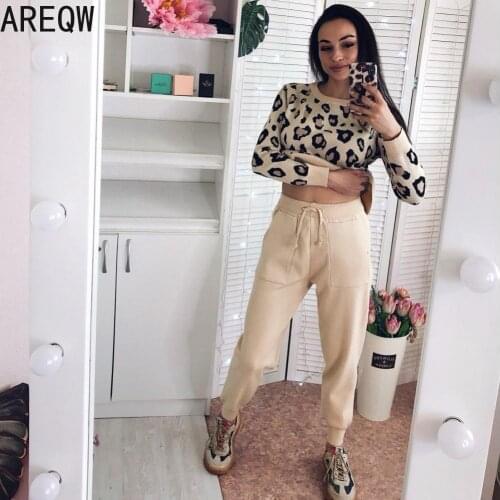 Sweatsuits for Women Knitted Suits Leopard Long Sleeve O-neck Sweater + Elastic Waist Pocket Harem Pants Sets Tracksuit Women