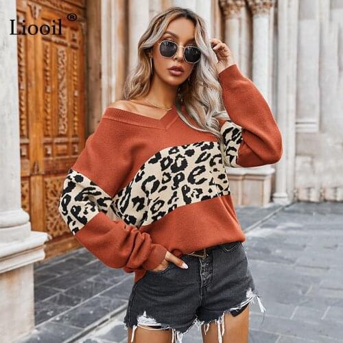 Liooil Patchwork Leopard Print Knit Sweater Women 2020 Long Sleeve V Neck Autumn Winter Knitwear Casual Pullovers and Jumpers