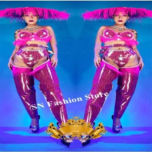 K23 Pink Leopard print bodysuit dj stage wears jumpsuit party outfit performance dress feather hat singer performance wears bra