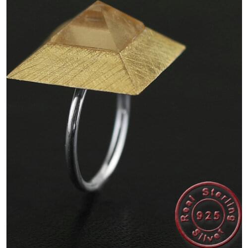 Amxiu Vivid Gold Pyramid Shape Open Ring Handmade 925 Sterling Silver Jewelry Natural Crystal Rings For Men Women Business Gift