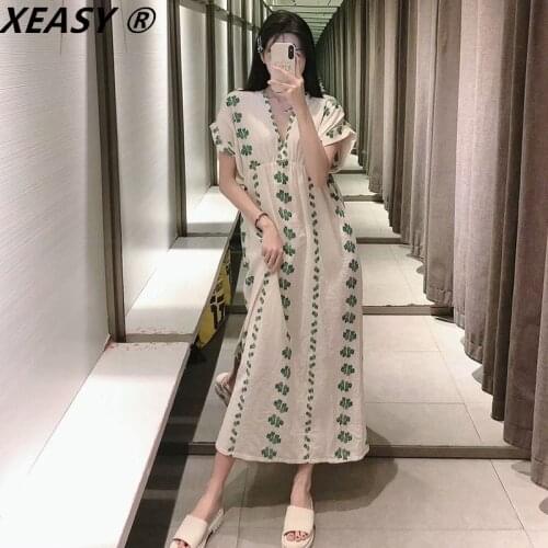XEASY Za Women 2021 Summer Fashion Flower Print Open Design Dress Closed Waist Embroidered Dress Vestidos Mujer