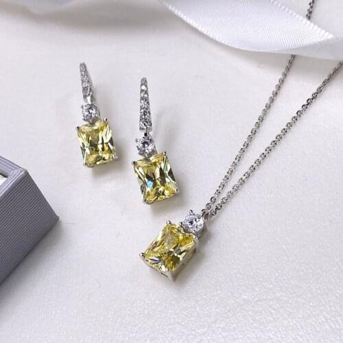 100% 925 Sterling Silver created yellow citrine white Gemstone Earrings/Pendant/Necklace Wedding Cocktail Jewelry Sets Wholesale