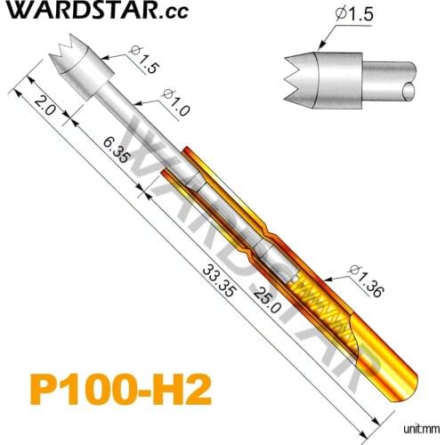 100pcs P100-H2 Dia 1.5mm Spring Test Probes Pogo Pin Length 33.35mm (Stroke Spring Froce:180g) Wholesale