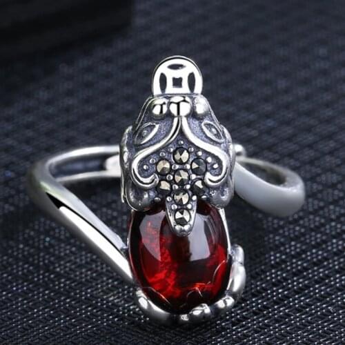 Antique Silver Plated Fabulous Wild Beast Garnet Stone Resizable Finger Ring for Gift Charm Jewelry