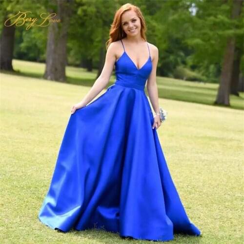 Berylove A line Royal Blue V Neck Evening Dresses Simple Formal Sash Satin Back Bandage Prom Party Dress vestidos de festa