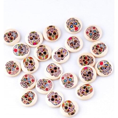Free Shipping 10Pcs Random Mixed 2 Holes Print Skull Wood Buttons 15mm Dia. Sewing Tools For Diy Clothing Accessories F0588