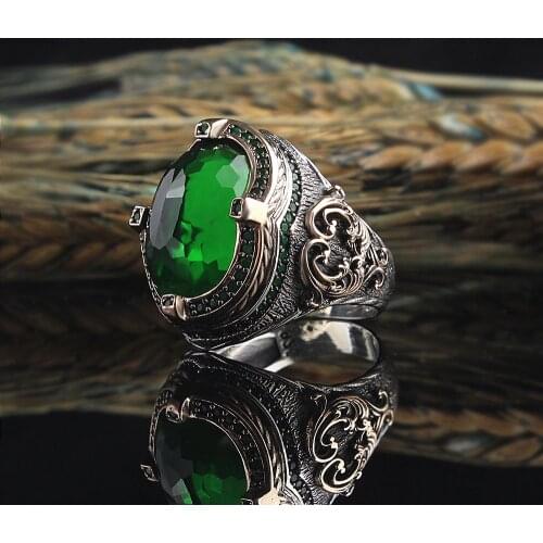 Zircon 925 Silver Engraved Traditional Handmade Turkish Signet Ring Jewelry Gift for Women Men