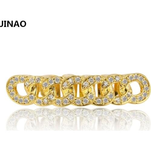 JINAO Hip Hop Cuban Link Grillz Pure HQ Gold Color Plated Bottom Teeth Grills Flooded with CZ Stones Tooth Grill For Gift Party
