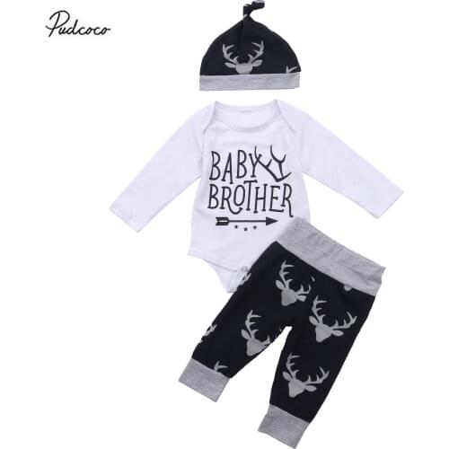 2020 0-18M Baby Brother Boy Clothing Spring Autumn Letter Print Long Sleeve Romper Tops+Animal Print Long Pants+Hat 3pcs Set