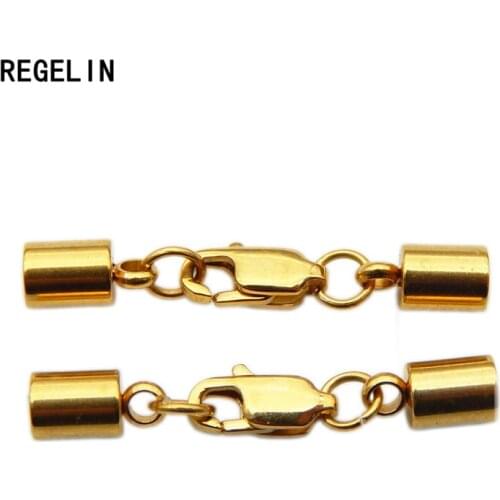 REGELIN Stainless Steel Gold Tone Round Leather Cord End Caps With Lobster Clasps for 3/4/5.2mm DIY Bracelets Jewelry Connectors