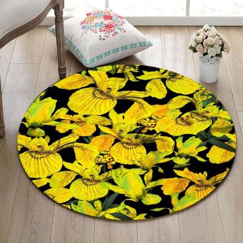 Round Home Living Room Carpet Bedroom Floor Area Rugs Bathroom Non-Slip Cushion Kitchen Door Mat Yellow Flower On Black Backdrop