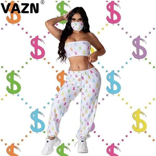 VAZN 2020 Hot Sales Group Mask Top Upsurge Pattern Holiday Sexy Young Fresh Clear Strapless Long Pants Slim Women 3 Piece Set