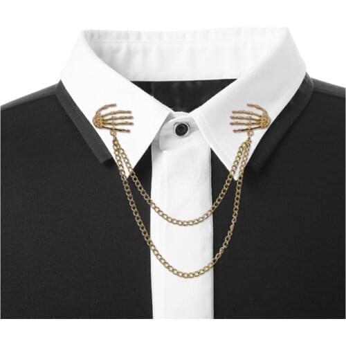 Fashion Gothic Punk Style Double Chain Tassel Skull Hand Clothes Collar Shirt Clip Brooch Jewelry Accessory
