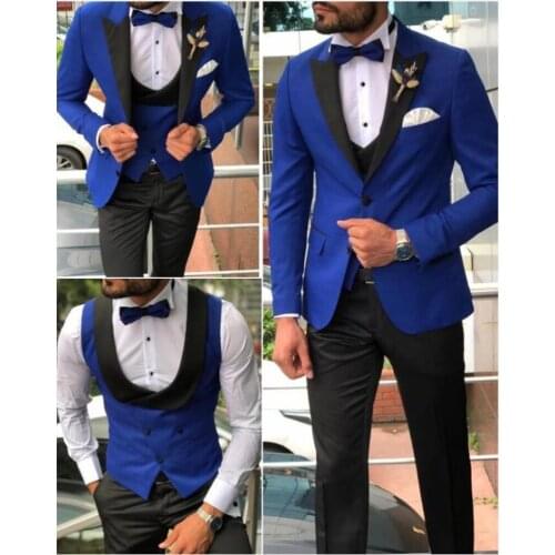 Men Suits Royal Blue and Black Groom Tuxedos Shawl Satin Lapel Groomsmen Wedding Best Man ( Jacket+Pants+Bow Tie+Vest )