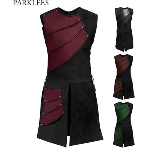 Mens Patchwork Bandage Split Long Waistcoat Vest 2019 Medieval Cosplay Punk Rock Style Vest Men Cosplay Steampunk Chaleco Hombre