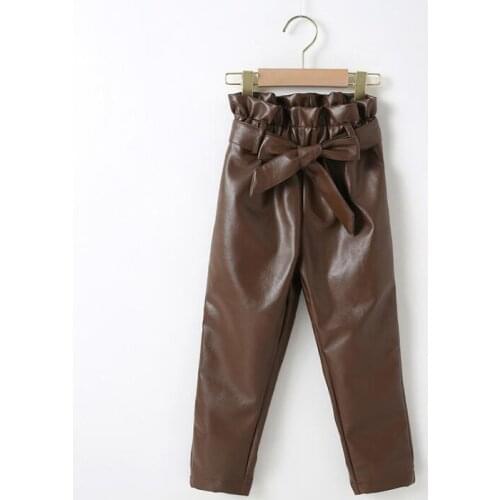 2021 new style girls boys pu leather bow pants cotton autumn fashion kids long pants 2-7t YU835