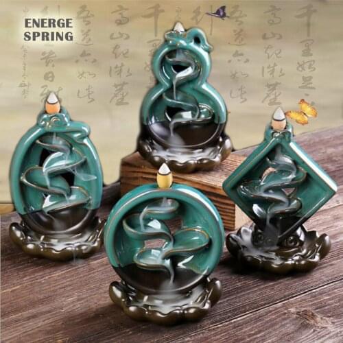 New Back Flow Incense Burner Ceramic Cascade Incense Burner With 60PCS Incense Smoke Waterfall Home Decorations Ornaments