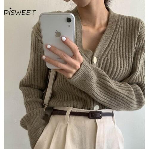 Solid V-neck Sweater Knitted Woman Korean Long Sleeve Loose Single Breasted Cardigan for Women Simple Slim Warmth Woman Sweaters