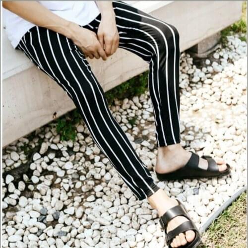 M-4xl Spring And Autumn Personality Slim Vertical Stripes Tide Mens Hair Stylist Stage Harem Feet Pants Casual 9 Points Pants