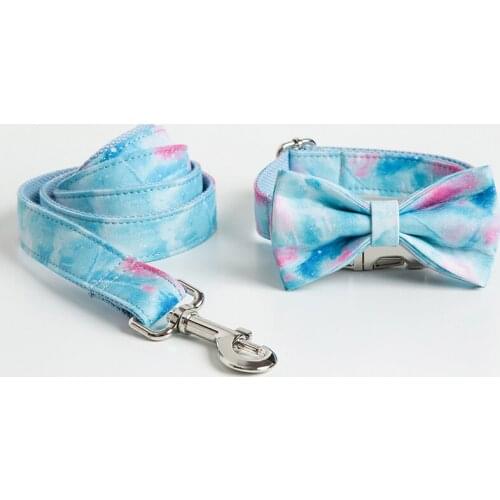 Personalized Fantasy Blue Dog Collar Leash With Bow Tie Set Free Engraved Nameplate For Small Medium Large Dog