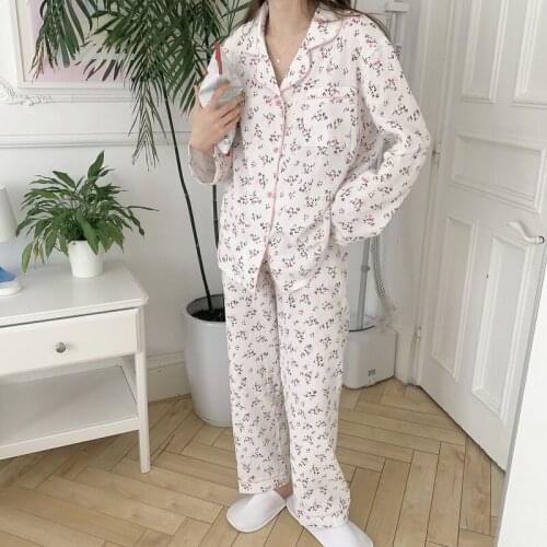 Pink floral print pajama set spring autumn long sleeve homewear lapel collar blouse pants pyjamas pure cotton gauze soft Y972