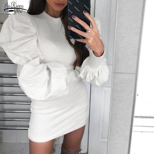 Sexy Nightclub Hip Dresses Fashion Puff Sleeves Dress Women O-neck Solid Knitted Dress Sheath Skinny Mini Dresses Vestidos 12368