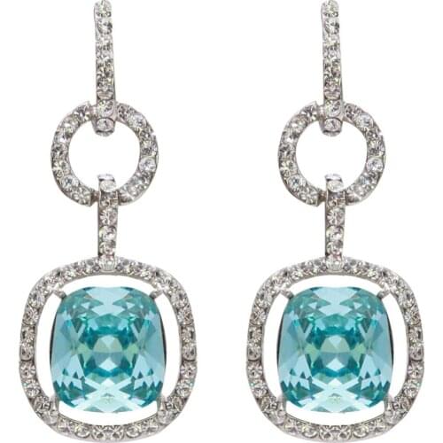 Beautiful Bride Wedding Buckle Square Earrings Pierced Dangle Lake Blue Crystal