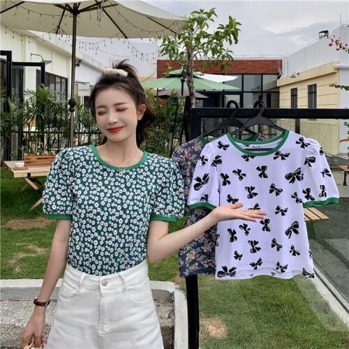 Tops Floral Round Neck Short-sleeved T-shirt Womens Summer New Style Korean Loose and Thin All-match Casual Bottoming Shirt