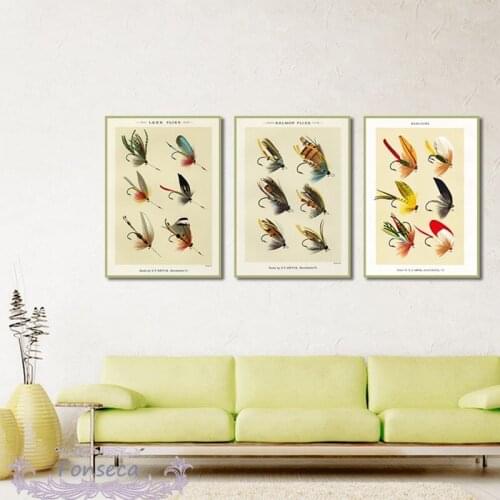 Vintage Fishing Lures Canvas Painting Art Prints Abstract Lake Salmon Bass Flies Insects Graphic Poster On The Wall No Frame