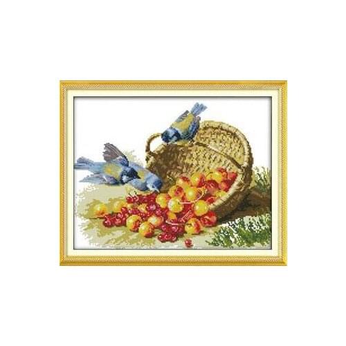 Top Quality Lovely Cute Counted Cross Stitch Kit Three Blue Brids and Plum Cherry Berry Fruit