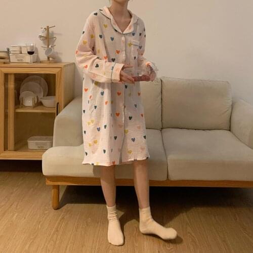 Rainbow Heart Spring Nightgown Women Korean Simple Cotton Long Sleepwear Casual Home Clothes Sweet Pockets Single Breasted