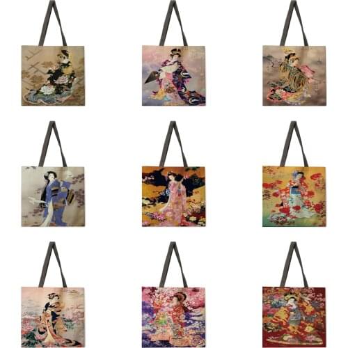Kimono woman like traditional linen shopping bag reusable handbag womens shoulder cloth bag foldable linen bag beach tote bag
