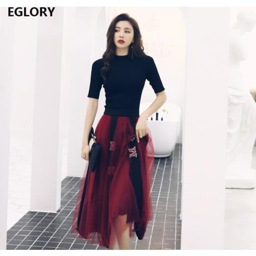 2020 Autumn Fashion Sweater Sets High Quality Women Half Sleeve Black Pullovers+Sweeetheart Beading Mid-Calf A-Line Skirt Sets