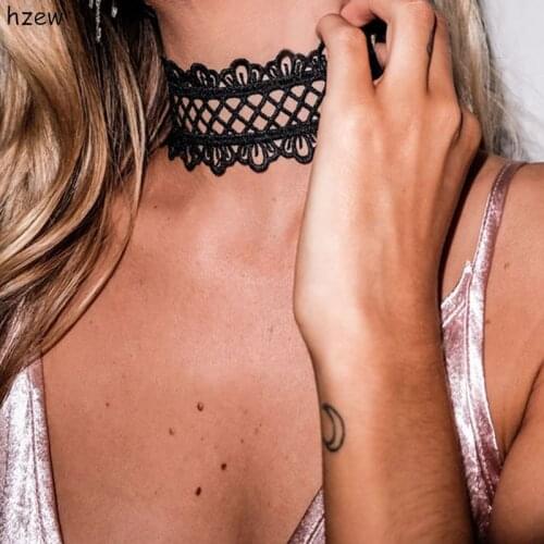 Hzew punk choker necklace Short vintage Sexy hollow out lace black necklace with chain Chic daisy flower necklace