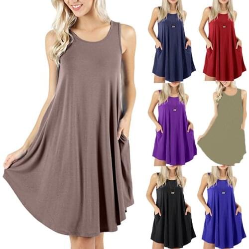 2021 Summer Womens New Casual Fashion Beach A-line Loose Vest Sleeveless Pure Color with Pocket O-neck Mini Dress