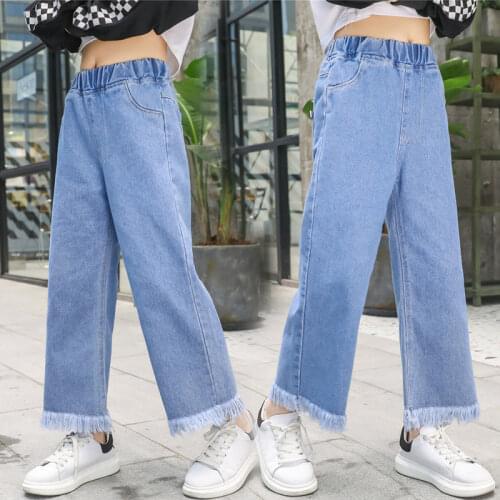 2021 New Girls Jeans Kids Spring Autumn Wide Leg Pants With Tassel Fashion Elastic Waist Clothes Denim Trousers Teen Loose Pants