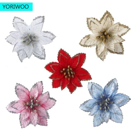 5/10pcs Artificial Christmas Flowers Glitter Fake Flower Merry Christmas Tree Decorations Home Xmas Ornament Happy New Year Gift