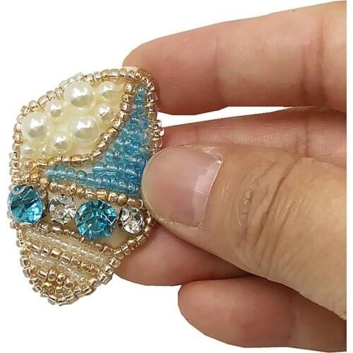 5pc 3x4.5cm Sew On Conch Patch Crystal Applique Seeds Beaded Patches For Clothing Shoes Bags Parches DIY Accessories Blue AC0994