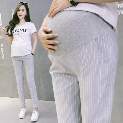 Vertical Stripes Maternity Pants Cotton Belly Maternity Elastic Waist Pencil Trousers Clothes For Pregnant Women Pregnancy Pants
