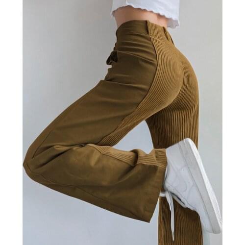 Harajuku Sweatpants High Waist Wide Leg Trouser Cotton Cuteandpsycho Patchwork Y2K Brown Corduroy Pants Women Streetwear Vintage