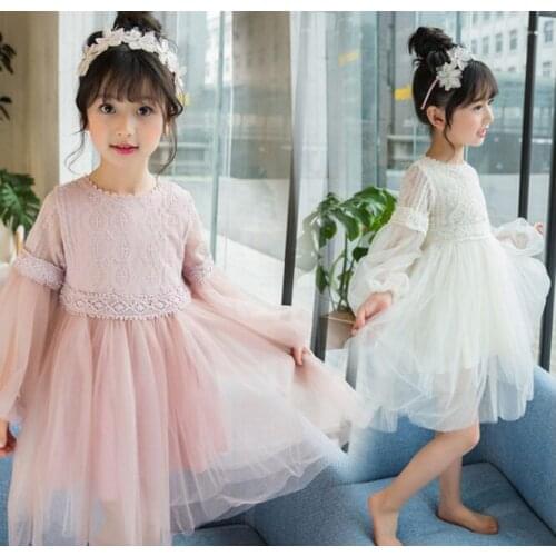 2019 Girls Lace Princess Dress Children O-neck Lantern Sleeve Mesh Net Yarn Dress Kids Party Dress for 3 5 7 8 9 10 12 14 years
