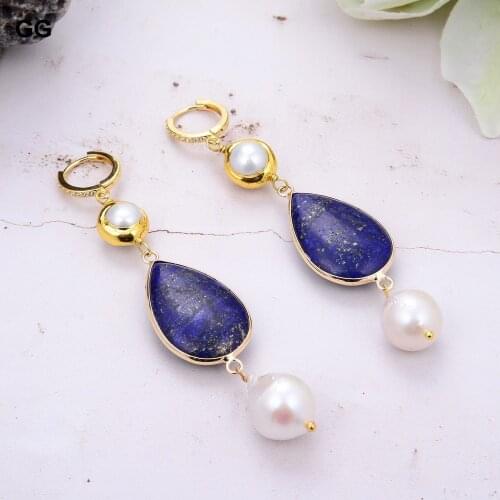 GuaiGuai Jewelry Natural Blue Lapis Lazuli Cultured White Baroque Keshi Pearl Gold Color Plated CZ Dangle Hook Earrings
