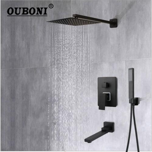 OUBONI Matte Black Rainfall Shower Faucet Tub 8~16 Inch Led Bathtub Rain Square Shower Head Waterfall Spray Shower Faucet Set
