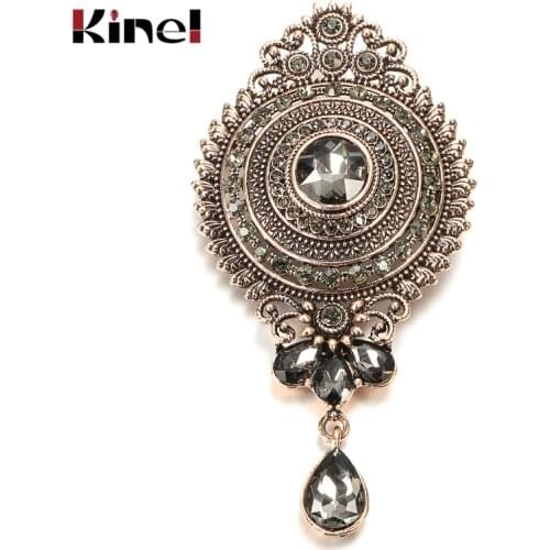Kinel 2020 Fashion Vintage Gray Crystal Flower Women Brooch Drop Zircon Turkish Ethnic Banquet Jewelry Hijab Caftan Accessories