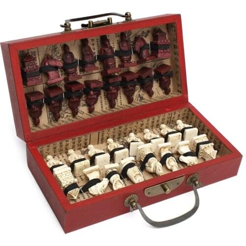 Chinese Wood Leather Box with 32 Pieces Terracotta Figure Chess Set Entertainment Checkers Chess Traditional Games