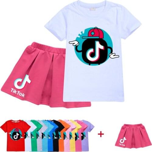 TIK TOK Girls Cartoon Set Childrens Clothing Suit Short Sleeve Shirt T-shirt Shorts 2-piece Set Princess Skirt Set
