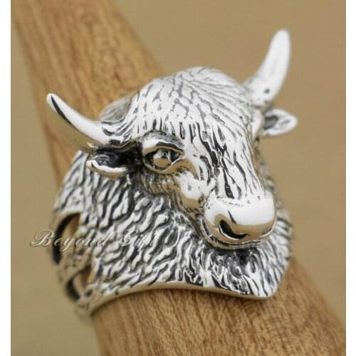 LINSION 925 Sterling Silver Bull Cow Tibetan Yak Mens Biker Punk Ring 9Q009 US Size 7 to 15